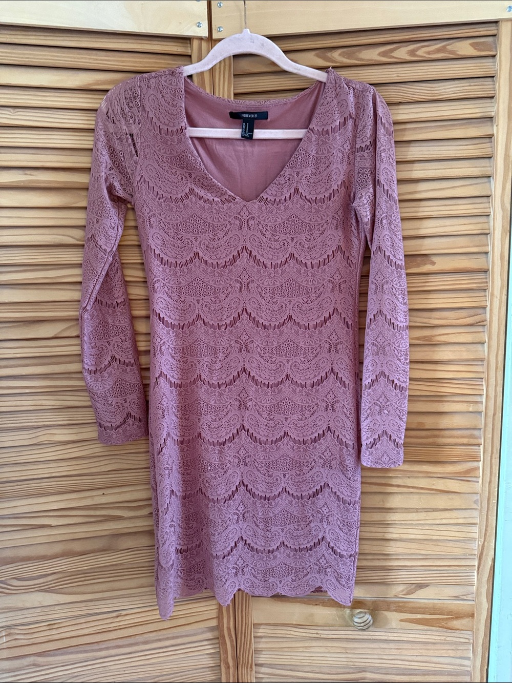 Forever 21 Dusty Rose Lace V-Neck Long Sleeve Dress
